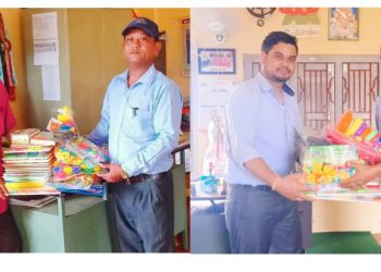 सागर पुस्तक भण्डारका संचालक थोकरले १८ विद्यालयका मन्टेश्वरी बालबालिकालाई शैक्षिक सामग्री सहयोग